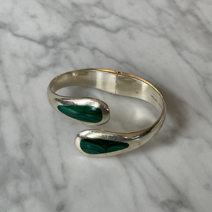 Hinged Silver Bangle with Malachite Inlay